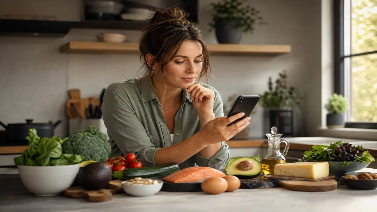 Scène de cuisine calme avec ingrédients low carb et téléphone montrant une interface keto claire