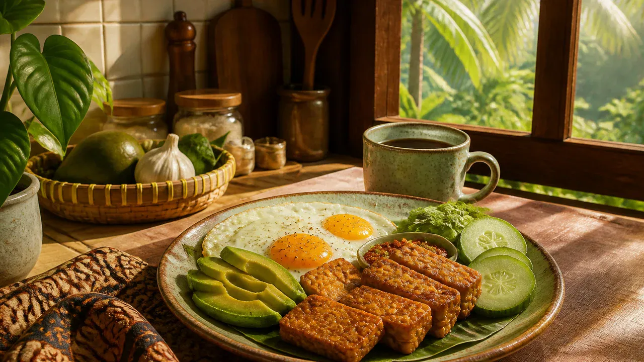 Cinematic illustration of an Indonesian beginner keto breakfast with tempeh beside a phone showing daily macro rings