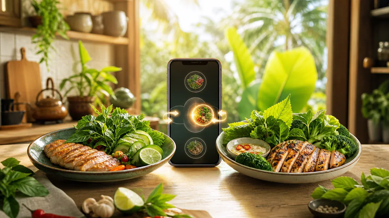 Minh họa biên tập điện thoại hiển thị kế hoạch keto và đĩa thay thế bữa ăn cạnh nguyên liệu low carb Việt Nam