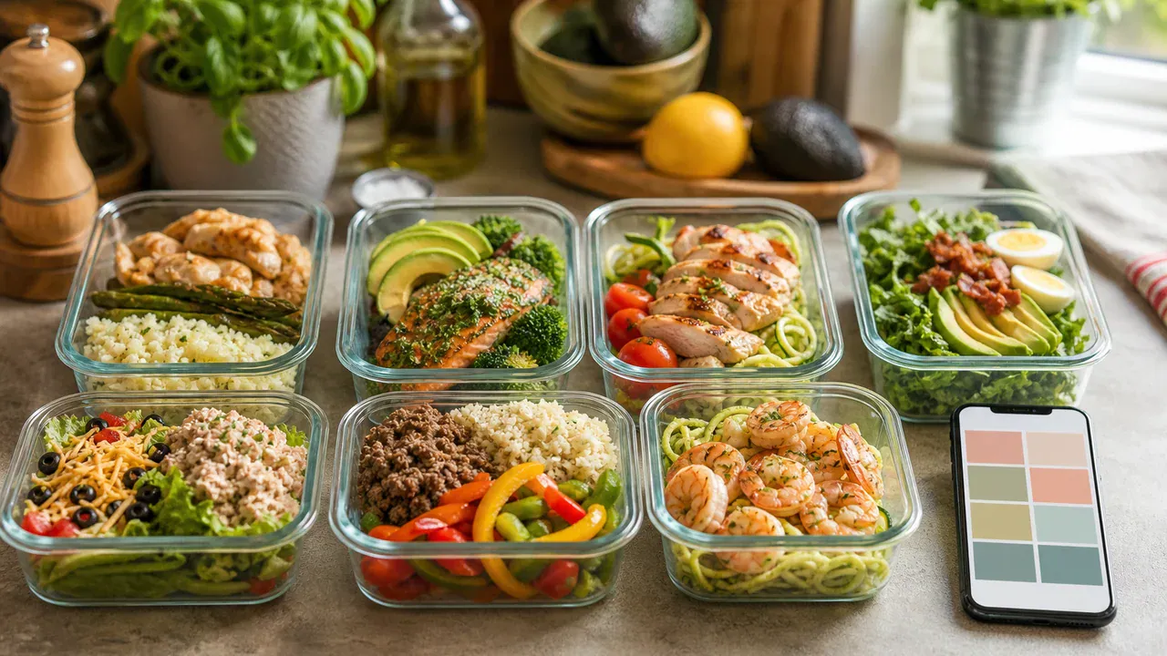 Plan de travail de cuisine avec sept contenants meal prep et téléphone affichant un menu keto semaine coloré