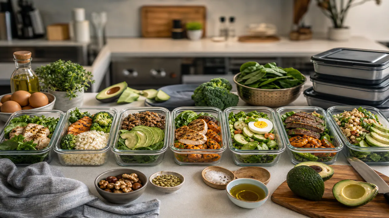 Cocina tranquila con ingredientes low carb y móvil mostrando menú keto organizado