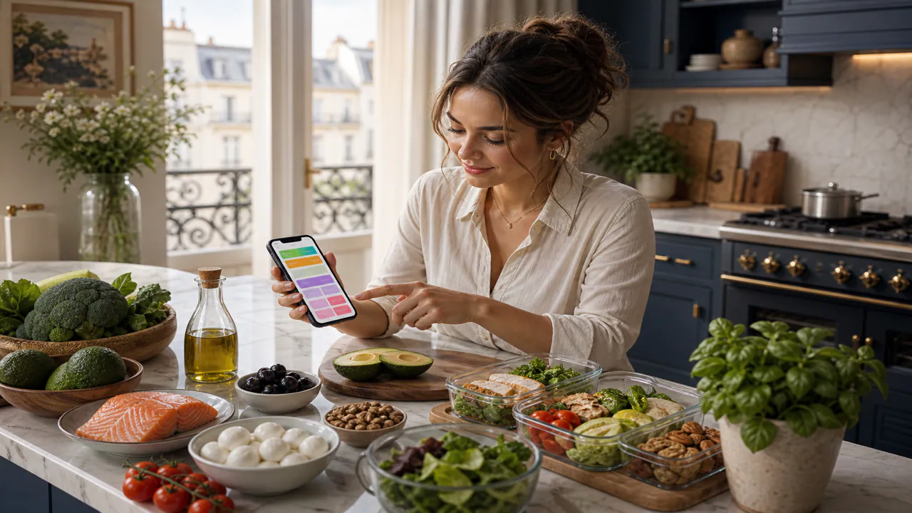 Plan de travail de cuisine avec téléphone affichant un plan de repas keto coloré à côté d'ingrédients low carb