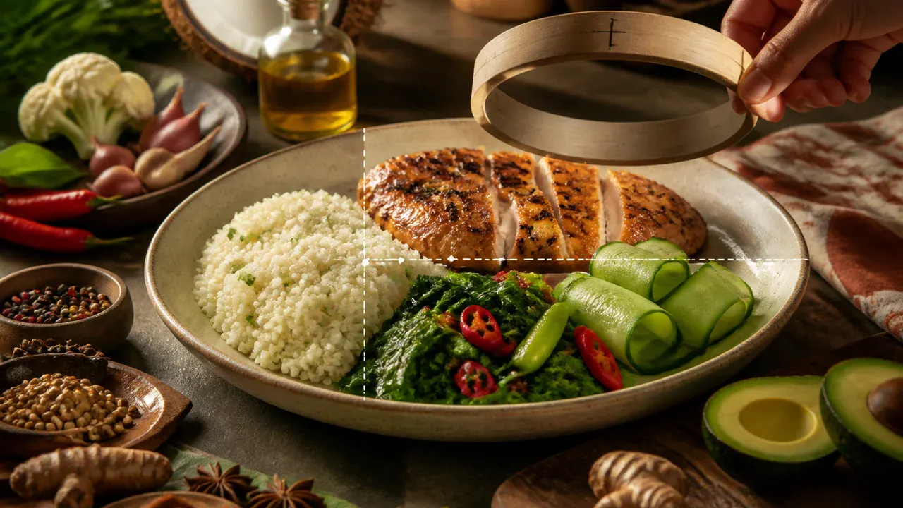 Cinematic illustration of Indonesian keto portions with tempeh beside a phone showing editable macro fields